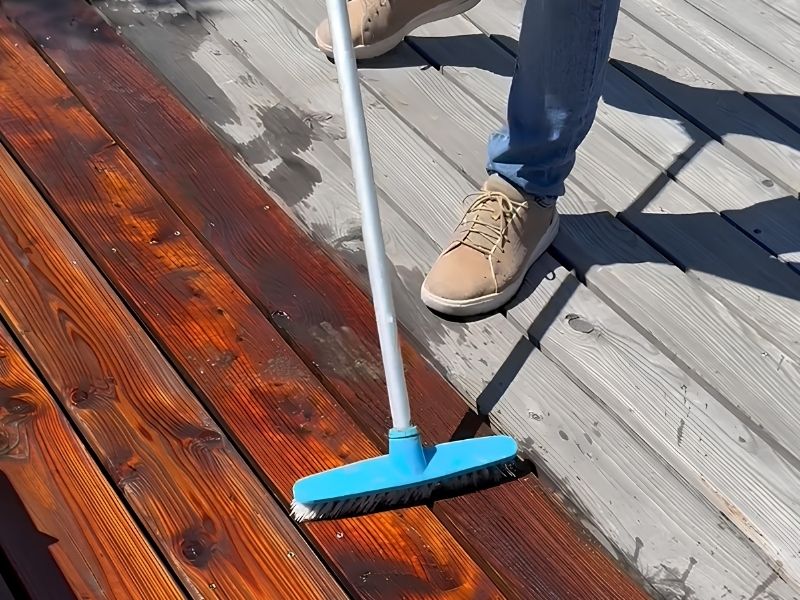 Application d'un produit dégriseur sur une terrasse en bois